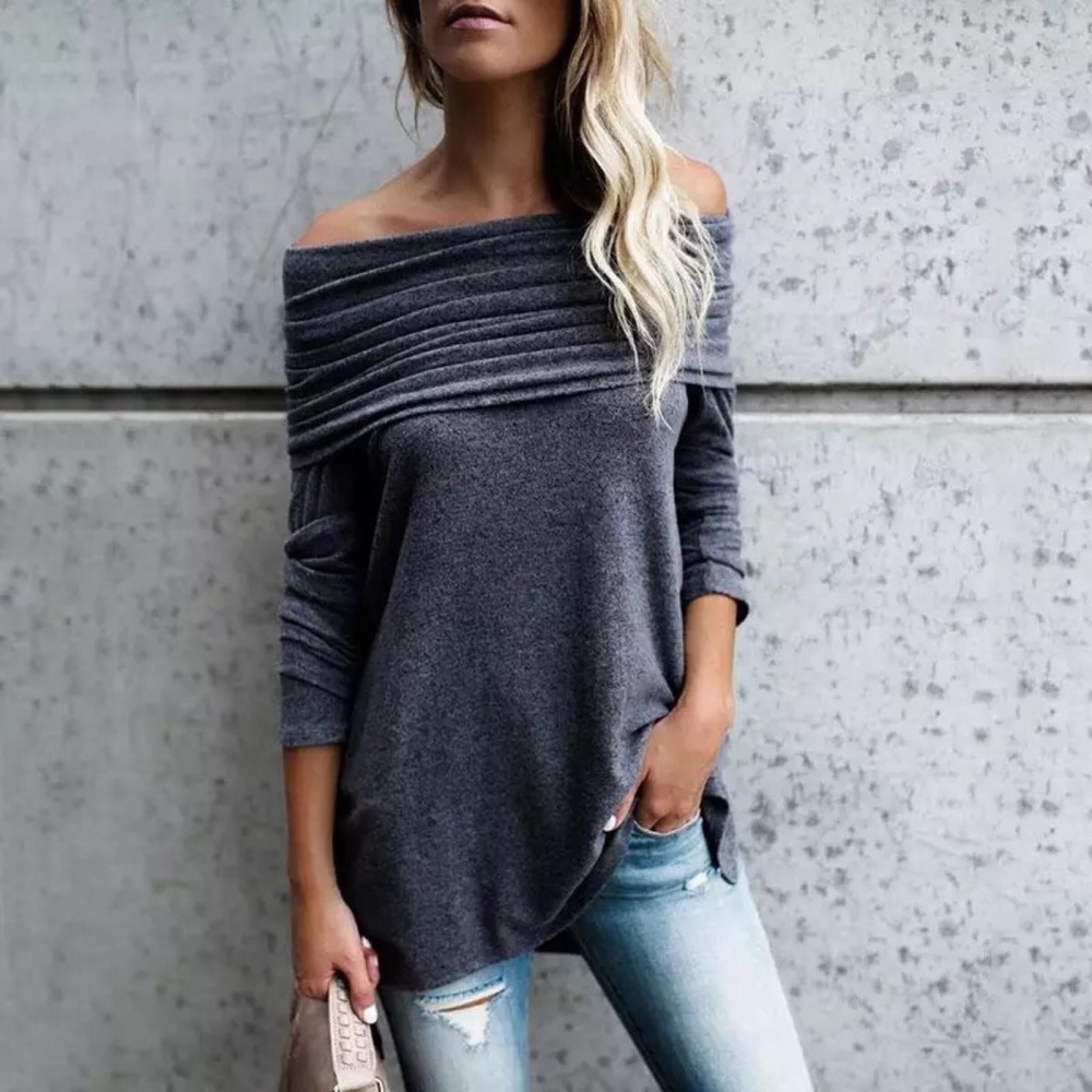 Foldover Off Shoulder High Low Knit Sweater Top - Picture 3 of 11